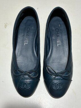 Chanel Blue Jeans Navy Cushioned Leather Ballet Flats 36